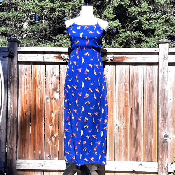 👗3/25& 👗Blue Maxi Dress with Colorful Birds - Picture 3 of 7